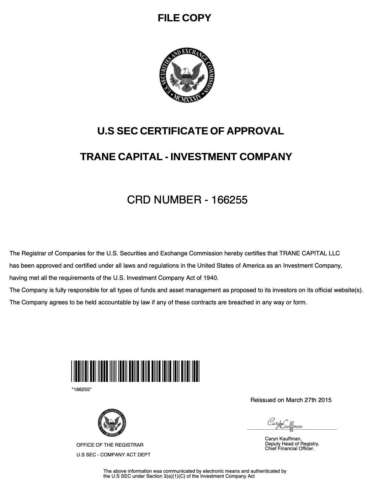 Trane Capital Certificate